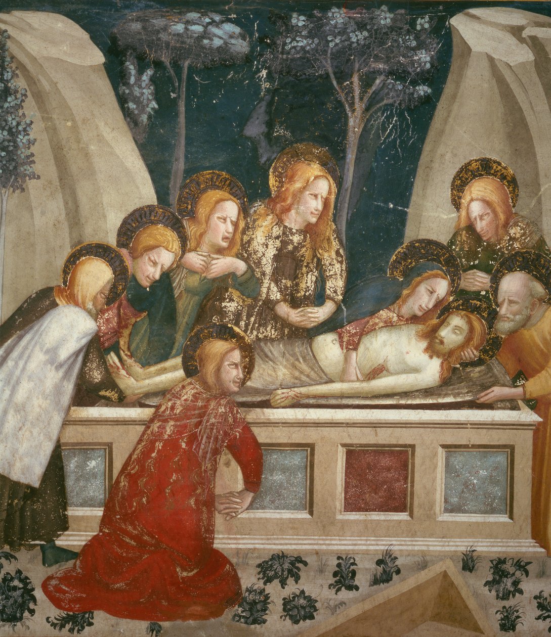 Jesus i graven med apostlene og hans mor (fresko) af Ferrer Bassa