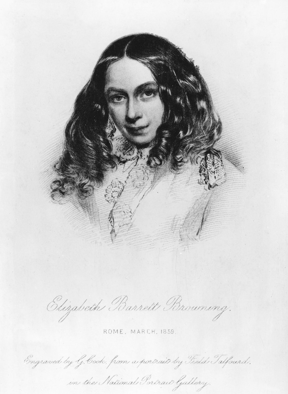 Portræt af Elizabeth Barrett Browning (1806-61) i 1859, indgraveret af G. Cook af Field Talfourd