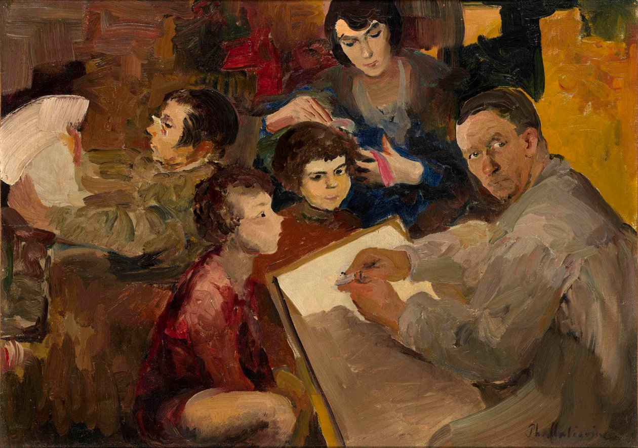 Selvportræt med familie - Maleri af Filipp Andreyevich Maliavin (Maliavine) (eller Andreyevich Malyavin) (1869-1940), olie på lærred (46,5x64,5 cm), russisk kunst, slutningen af ​​det 19.-begyndelsen af ​​det 20. århundrede - Privat samling af Filipp Andreevich Maliavin