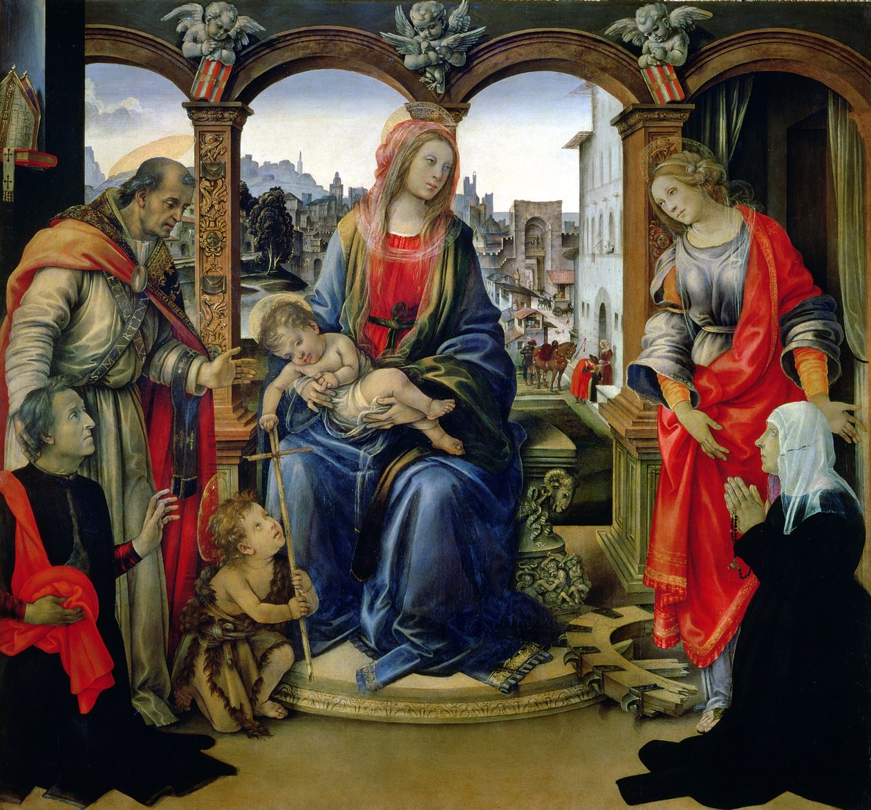 Nerli-altertavle: Madonna og barn med den unge Sankt Johannes Døberen, Sankt Martin, Sankt Katarina og donorerne Tanai og Nanna dei Nerli, 1494 af Filippino Lippi