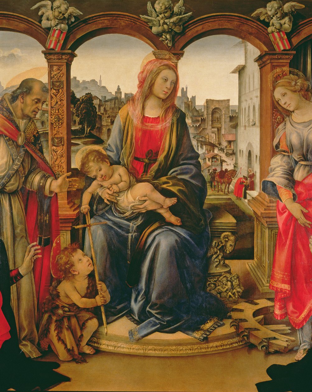 Nerli-altertavle: Madonna og barn med den unge St. Johannes Døberen, St. Martin, St. Catherine og donorerne Tanai og Nanna dei Nerli, 1494 detalje af 58333 af Filippino Lippi