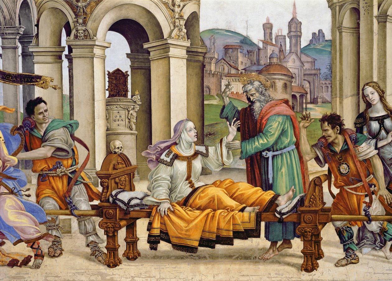 Nordmuren af Strozzi-kapellet, The raising of Drusiana af St. John the Evangelist, ca. 1457-1502 freskomaleri fra 208293 af Filippino Lippi