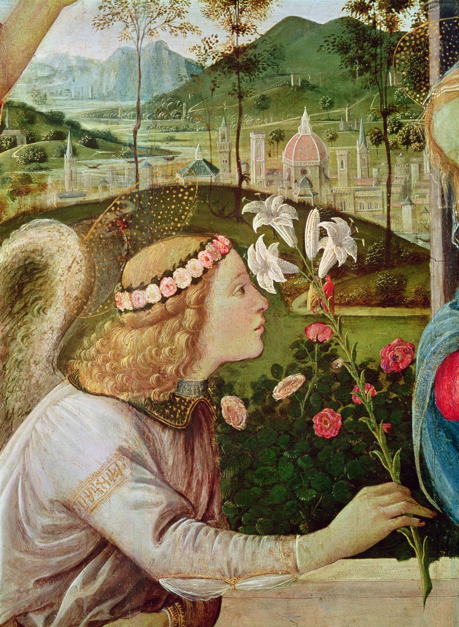 Bebudelsen mellem Johannes Døberen og Sankt Andreas, der bærer sit kors detalje af en engels hoved, 1483-5 olie på lærred af Filippino Lippi