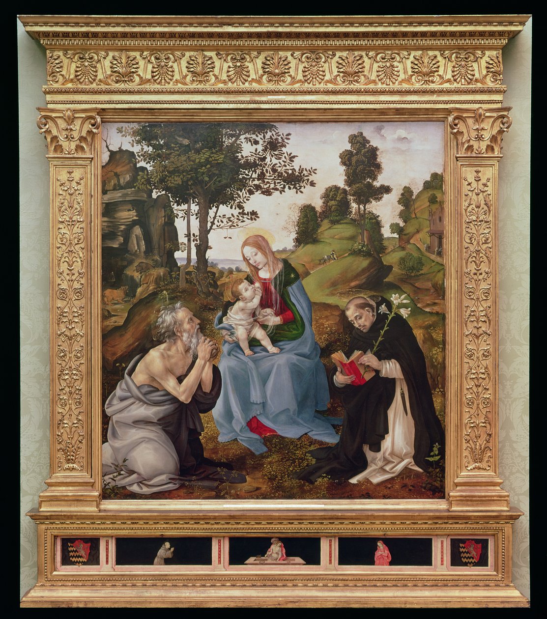 Jomfru og barn med Sankt Hieronymus og Sankt Dominikus (olie og tempera på panel) af Filippino Lippi