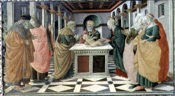 Præsentationen i templet, predella panel til Fødselsaltertavlen i Museo Civico af Filippino (and workshop) Lippi