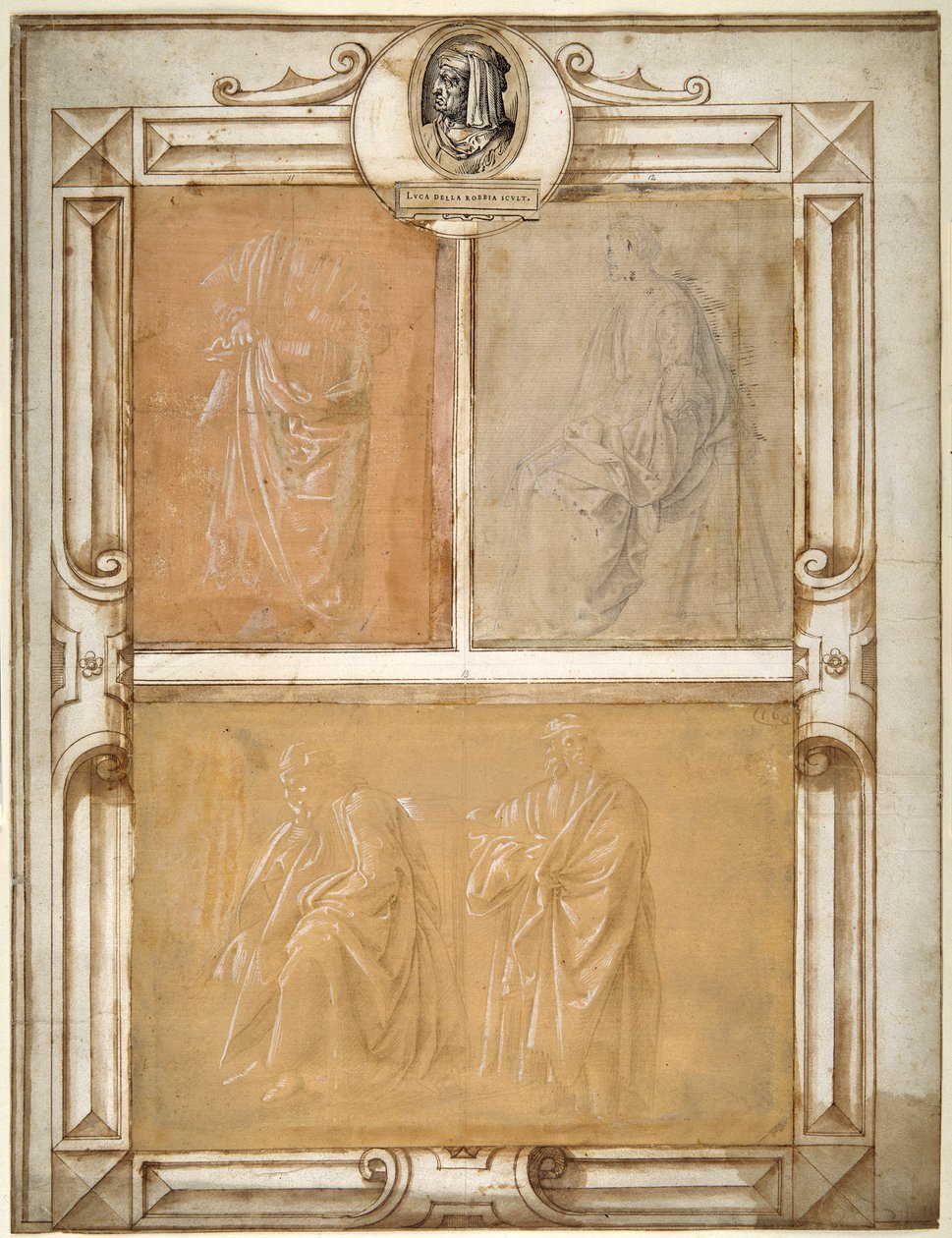 Studier af draperede figurer (sølvspids forhøjet med hvid kropsfarve på forberedt papir) af Filippino (follower of) Lippi