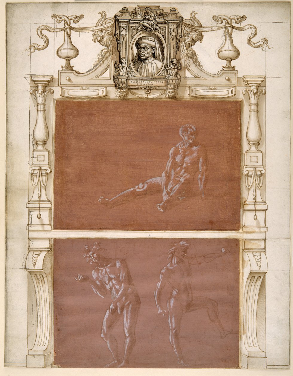 En siddende nøgen mand og to mandlige nøgenbilleder (metalpoint forhøjet med hvid kropsfarve på lilla forberedt papir) af Filippino Lippi