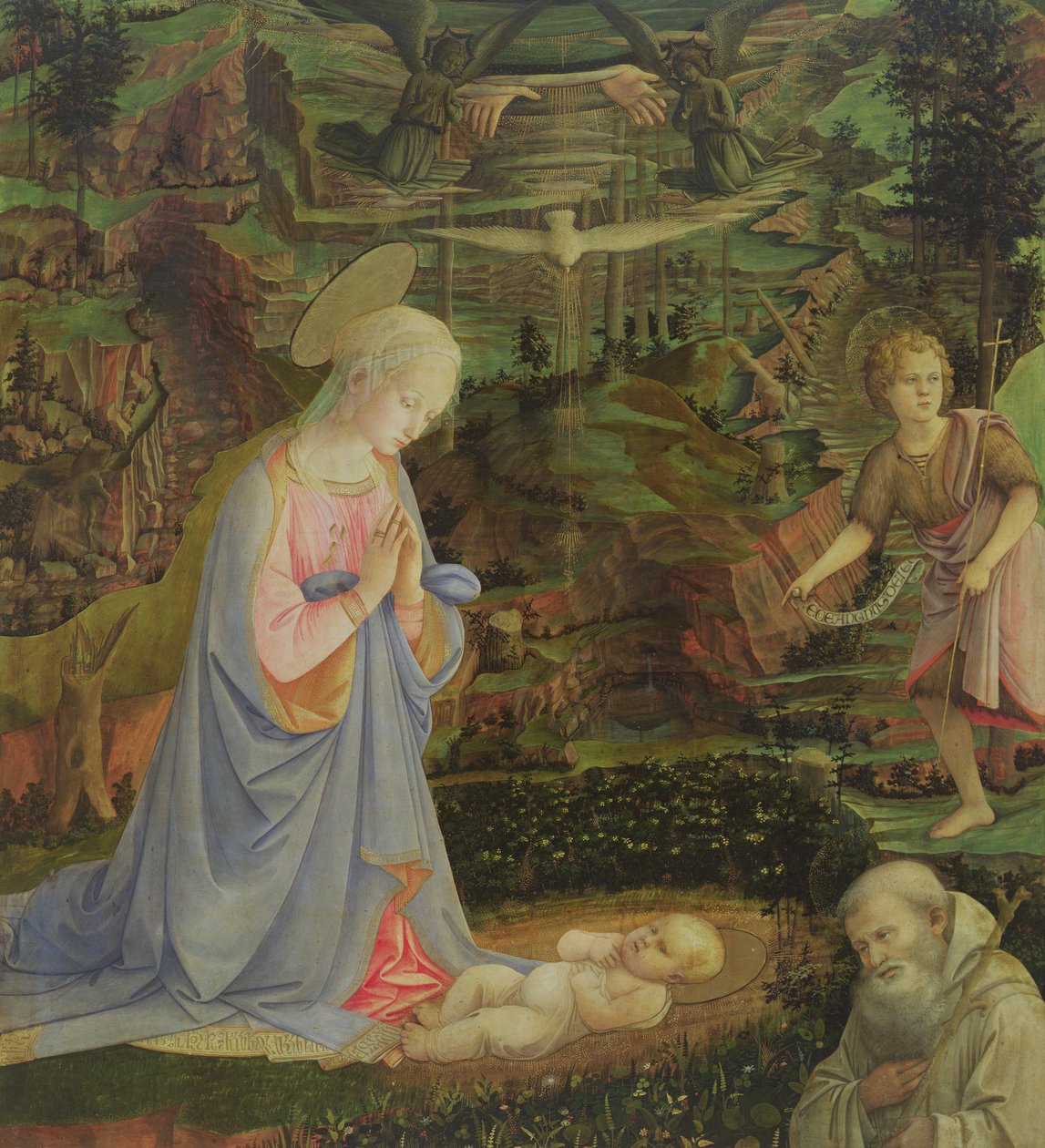 Tilbedelse af barnet med spædbarnet St. John og St. Romuald (tempera på panel) af Filippino Lippi
