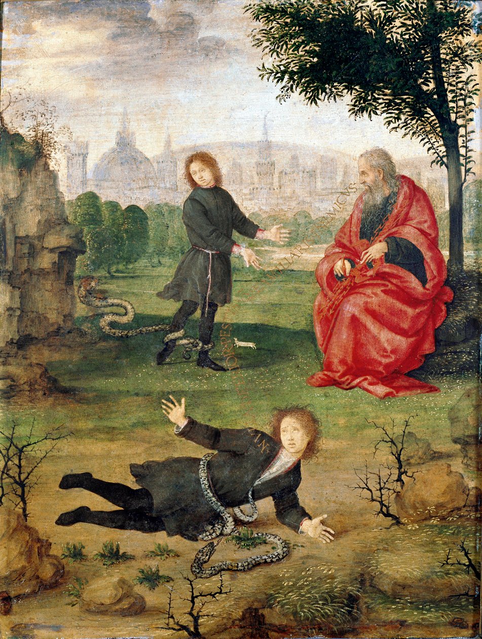 Allegori over Medicis-familien med inskription i midten "" Intet sår er værre end en fjende i familien"" Maleri af filippinske Lippi (1457-1504) 1494-1495 ca. Sol. 30x23 cm Florence Galleria degli Uffizi (Kontorer) - Allegori om Medici-familien af Filippino Lippi