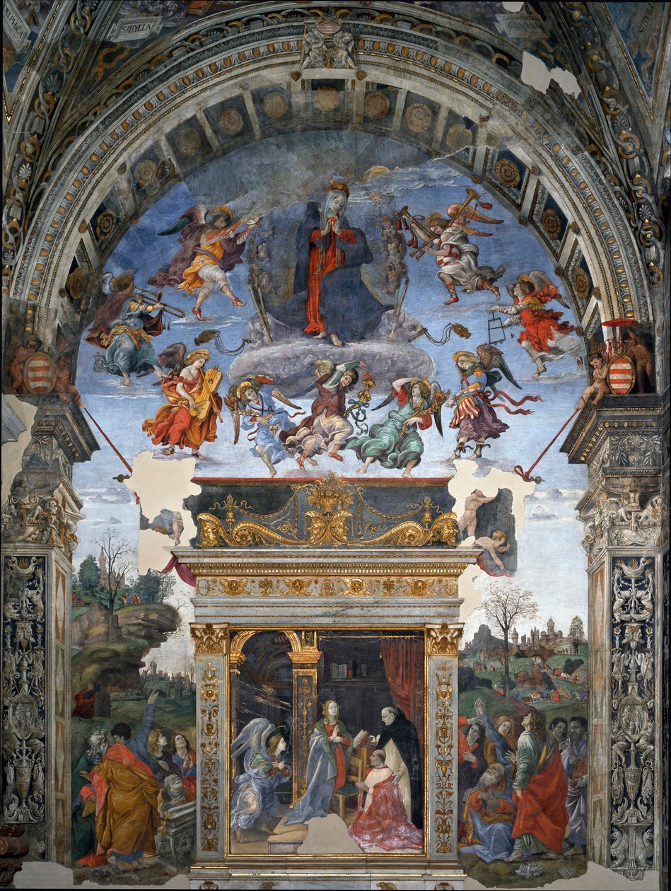 Jomfruens himmelfart og nedenfor St. Thomas Aquinas, der præsenterer for Maria kardinal Oliviero Carafa Fresco af filippinske Lippi (1457-1504) 1488-1492 Rom, Kirken Santa Maria sopra Minerva, Kapel Carafa Italien af Filippino Lippi