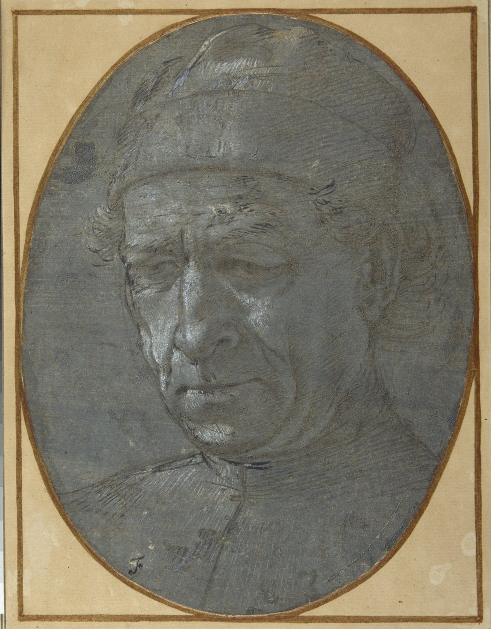 Hoved af en ældre mand iført kasket (metalspids på blågråt forberedt papir) af Filippino Lippi