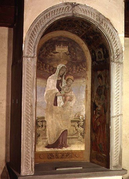 Madonna og barn med hellige, en detalje fra tabernaklet i Canto al Mercantale, 1498 af Filippino Lippi