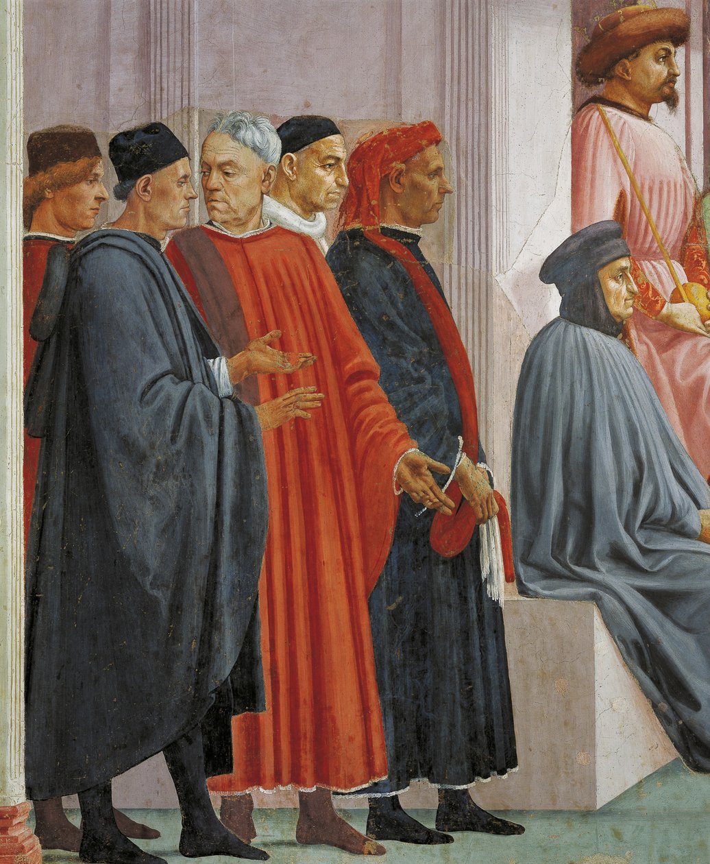 Mænd i middelalderdragt, detalje fra The Raising of the Son of Theophilus, af Tommaso Masaccio, fresco af Filippino Lippi