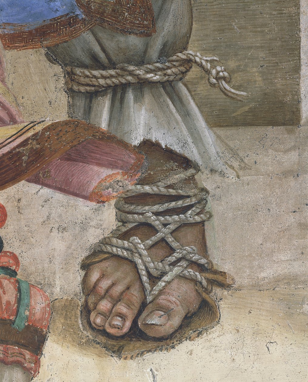 Saint John Evangelist Resuscitating Drusiana af Filippino Lippi, detalje af fodtøj, fresco af Filippino Lippi