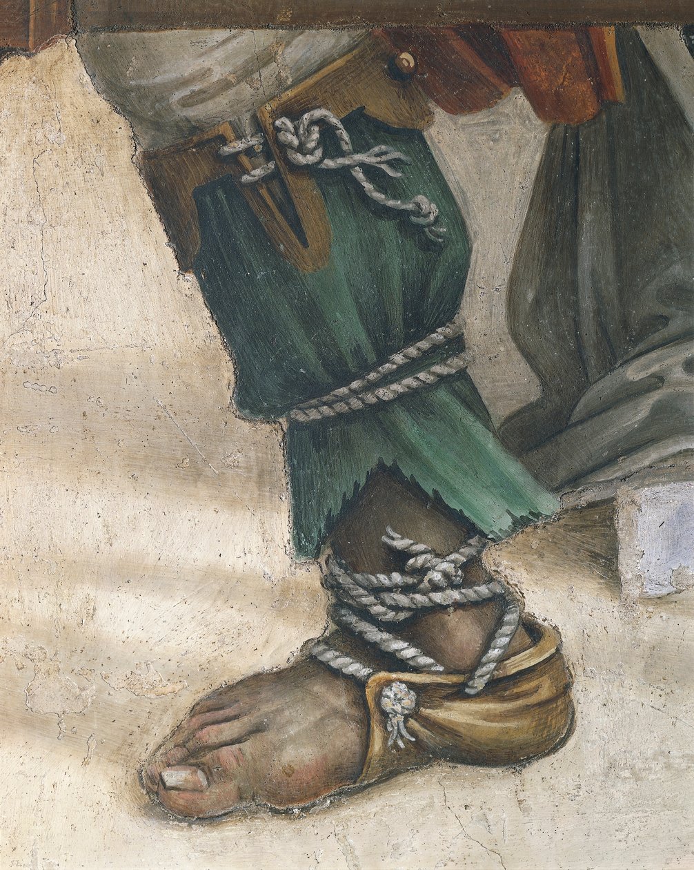 Saint John Evangelist Resuscitating Drusiana af Filippino Lippi, detalje af fodtøj, fresco af Filippino Lippi