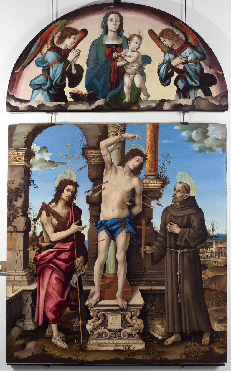 Saint Sebastian omgivet af Saint John the Baptist og Saint Francois of Assisi Central panel. Up jomfru har barn. Maleri på træ af Filippo Lippi (1451-1504) Dim. 298x185 cm Musei di Strada Nuova (ex Palazzo Bianco), gener af Filippino Lippi