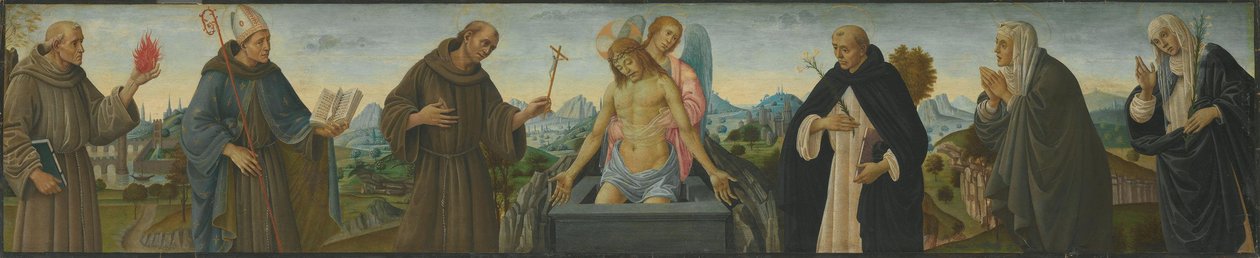 Smertensmanden og seks helgener (Sankt Antonius af Padova, Ludvig af Toulouse, Frans, Dominikus, Klara og Katarina af Siena) af Filippino Lippi