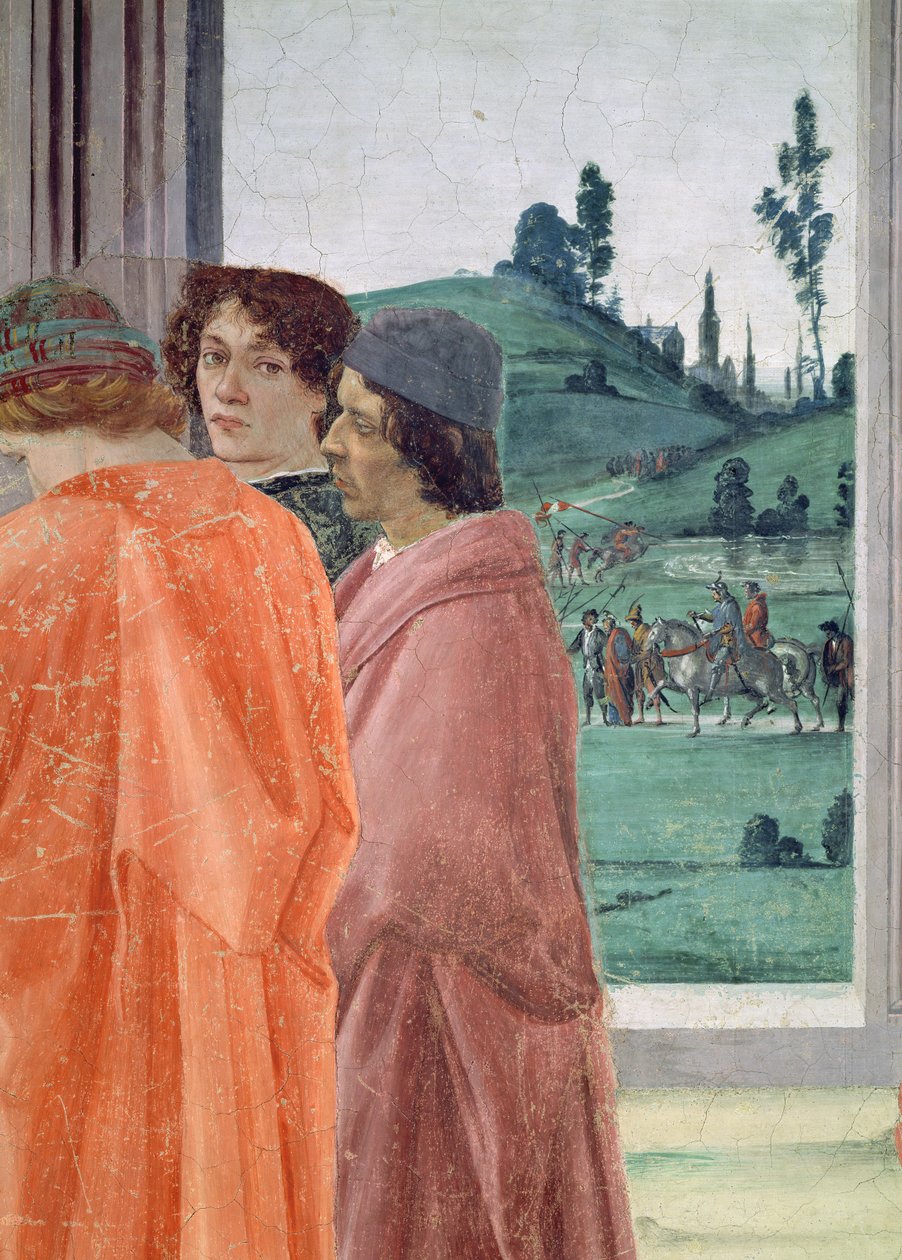 Tvisten med Simon Mago og korsfæstelsen af Skt. Peter Detalje af tre skikkelser, der ser på korsfæstelsen, centralt portræt, der menes at være af Filippinos lærer Botticelli, fresko omkring 1480, se også af Filippino Lippi