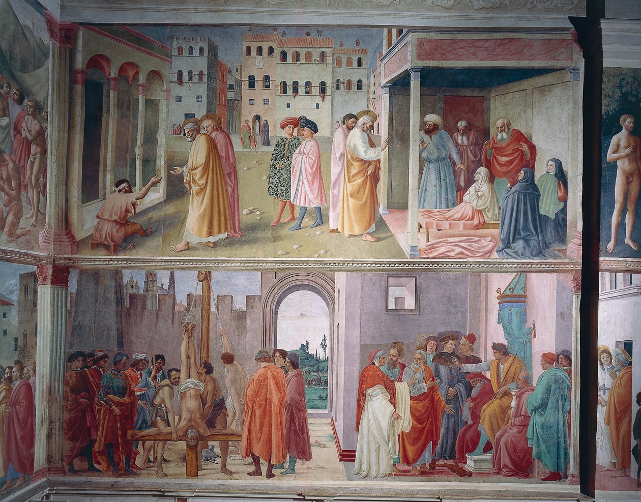 Helbredelsen af den krøblinge og opdragelsen af Tabitha, af Masolino da Panicale, Sankt Peter konfronterer Simon Magus før Nero, og Sankt Peters martyrium, af Filippino Lippi, fresker af Filippino Lippi