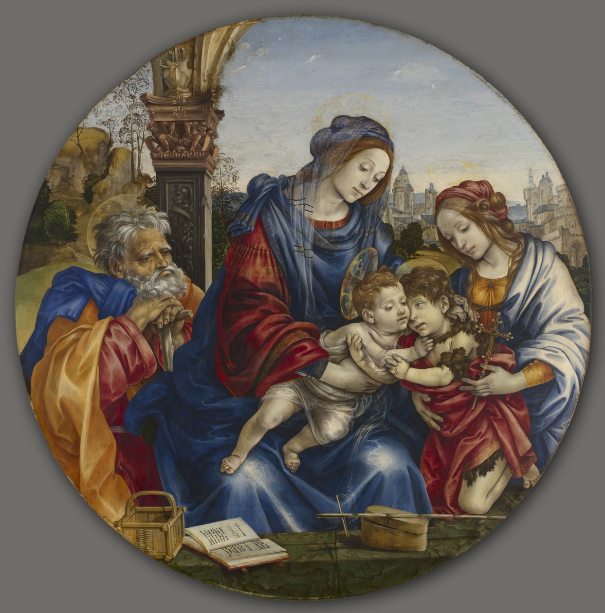 Den hellige familie med Johannes Døberen og Saint Margaret, ca. 1495 (tempera og olie på træ) af Filippino Lippi