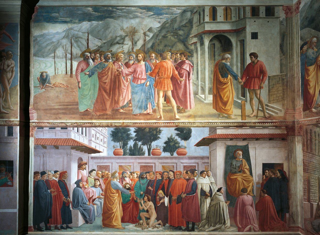 Hyldestpengene, af Tommaso Masaccio, The Raising of the Son of Theophilus og Sankt Peter på tronen, af Tommaso Masaccio og Filippo Lippi, fresker af Filippino Lippi