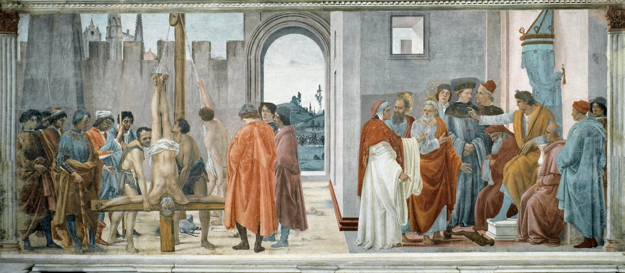 Striden mellem Simon Troldmanden (mageren eller Simon fra Samaria, død 65) (med Nero (37-68) på tronen) og Sankt Peters korsfæstelse (striden med Simon Mago og Sankt Peters korsfæstelse) - Fresco af filippinske Lippi (1457-1504), 232x588 c af Filippino Lippi