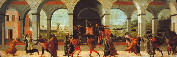 Tre scener fra Virginias historie (olie på panel) af Filippino Lippi