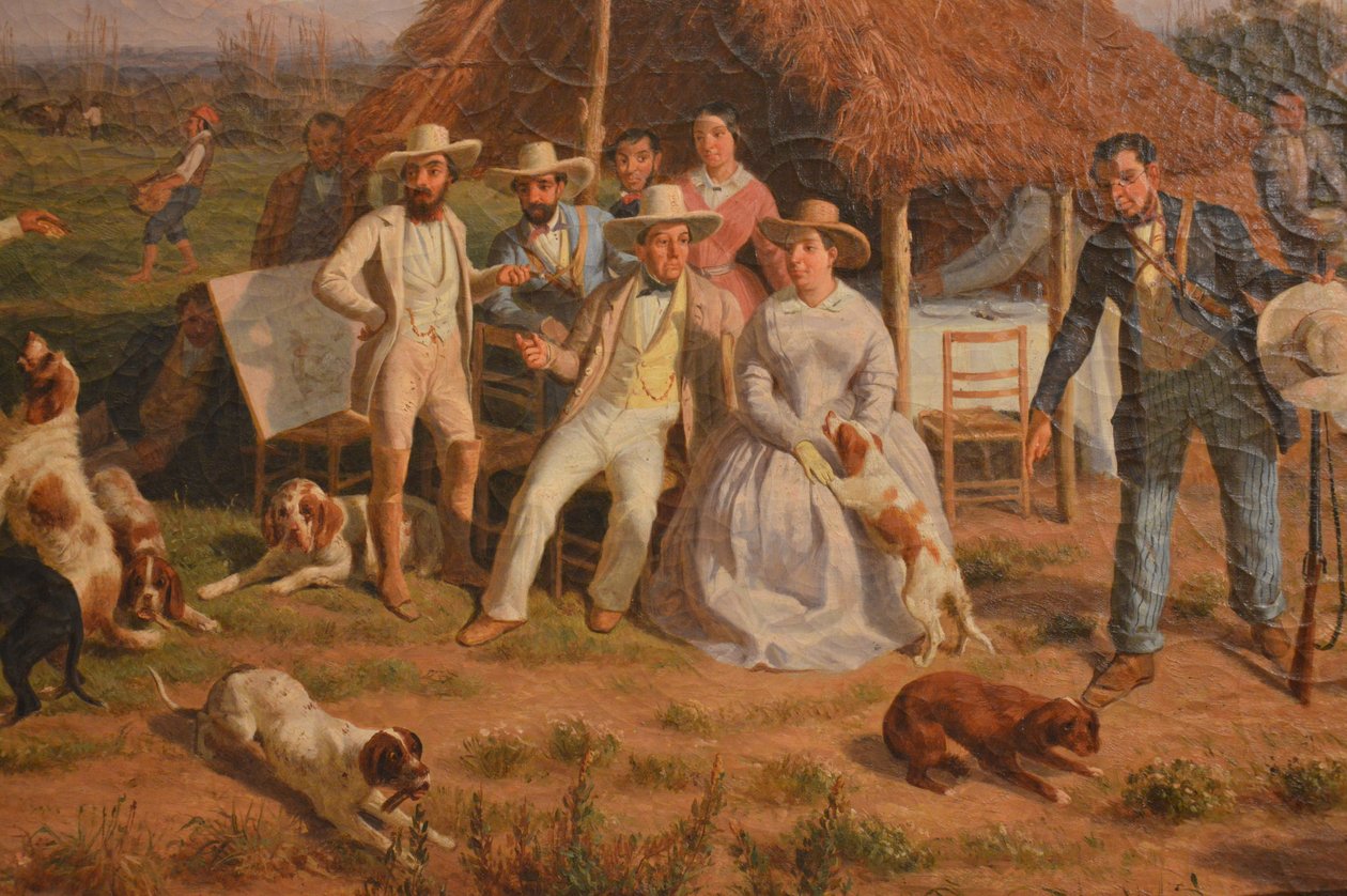 Detalje af Filippo Palizzis maleri, Den kongelige familie i Napoli på jagt på Galleria d
