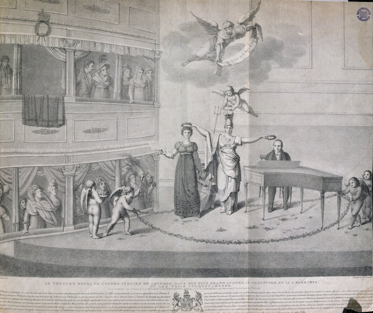 The Theatre Royal of Italian Opera in London in its Greatest Lustre on 24th January and 3rd March 1824, or The Three Crownnings, trykt af Charles Hullmandel (1789-1850), 1824 af Filippo Pistrucci