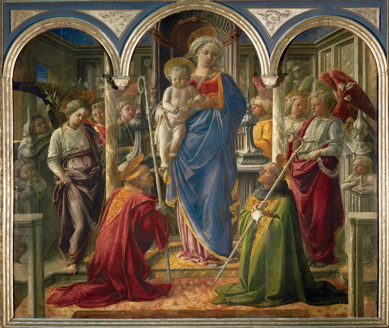 Madonna og barn med engle og de hellige Frediano og Augustine, kaldet "Pala Barbadori" ... af Filippo (workshop of) Lippi