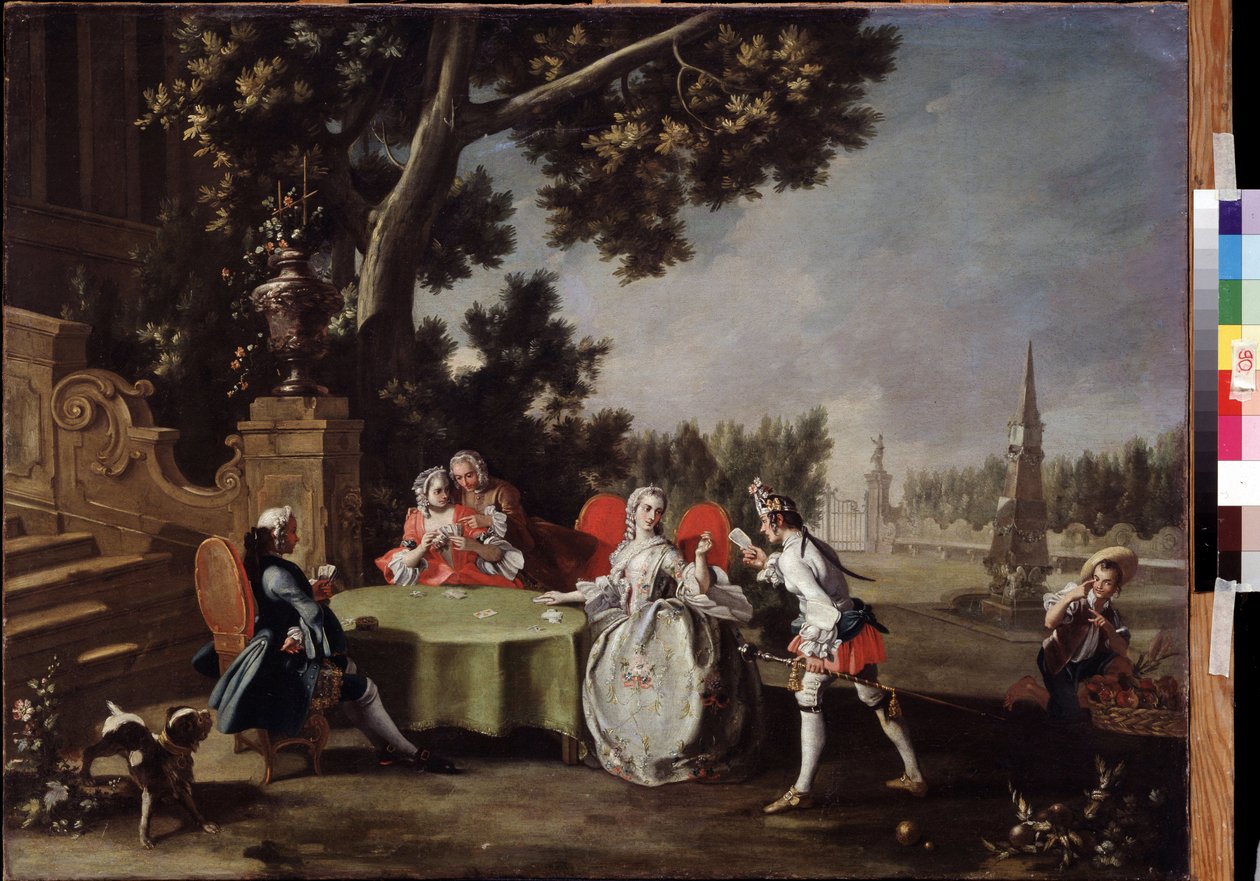 ""Kortfesten"" Gruppe af italienske adelsspillere, der spiller kort i en have. Maleri af Filippo Falciatore (1718-1768) Pushkin Museum fra det 18. århundrede, Moskva af Filippo Falciatore