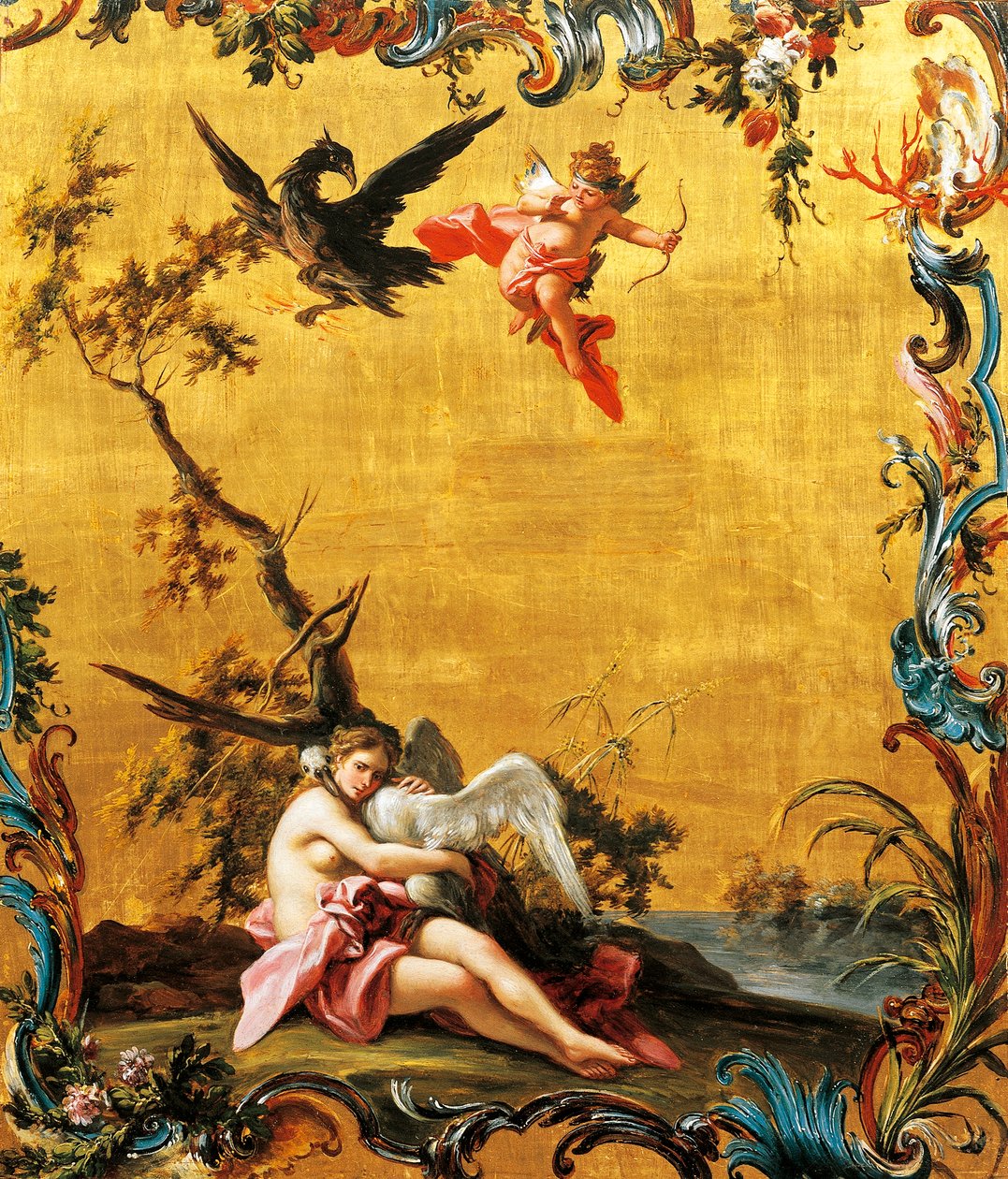 Leda and the Swan, af Filippo Falciatore (aktiv 1737-1768), olie på panel. af Filippo Falciatore