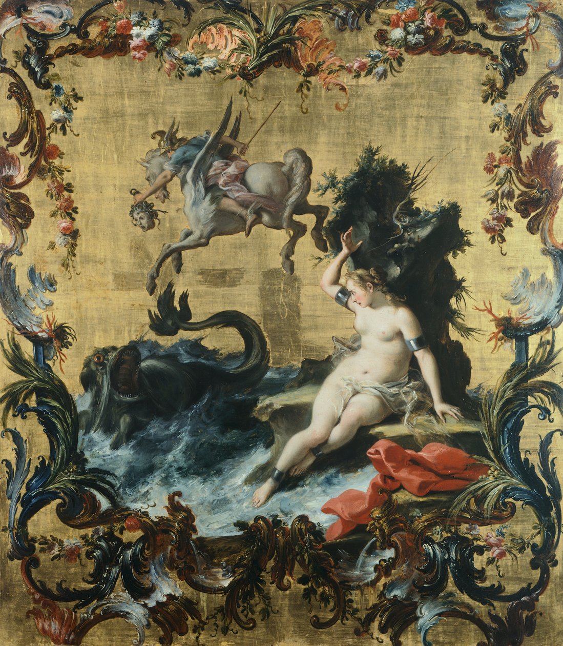 Perseus befrier Andromeda fra havuhyret, af Filippo Falciatore (aktiv 1728-1768), olie på panel. af Filippo Falciatore