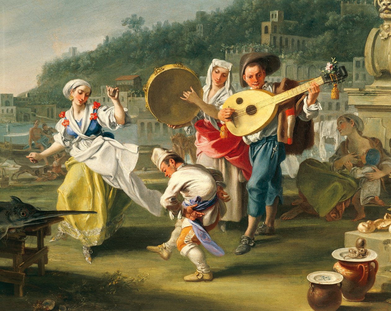 Tarantella i Mergellina, ca 1750, af Filippo Falciatore (aktiv 1737-1768), olie på lærred, 76,2x102 cm, detalje, Italien af Filippo Falciatore