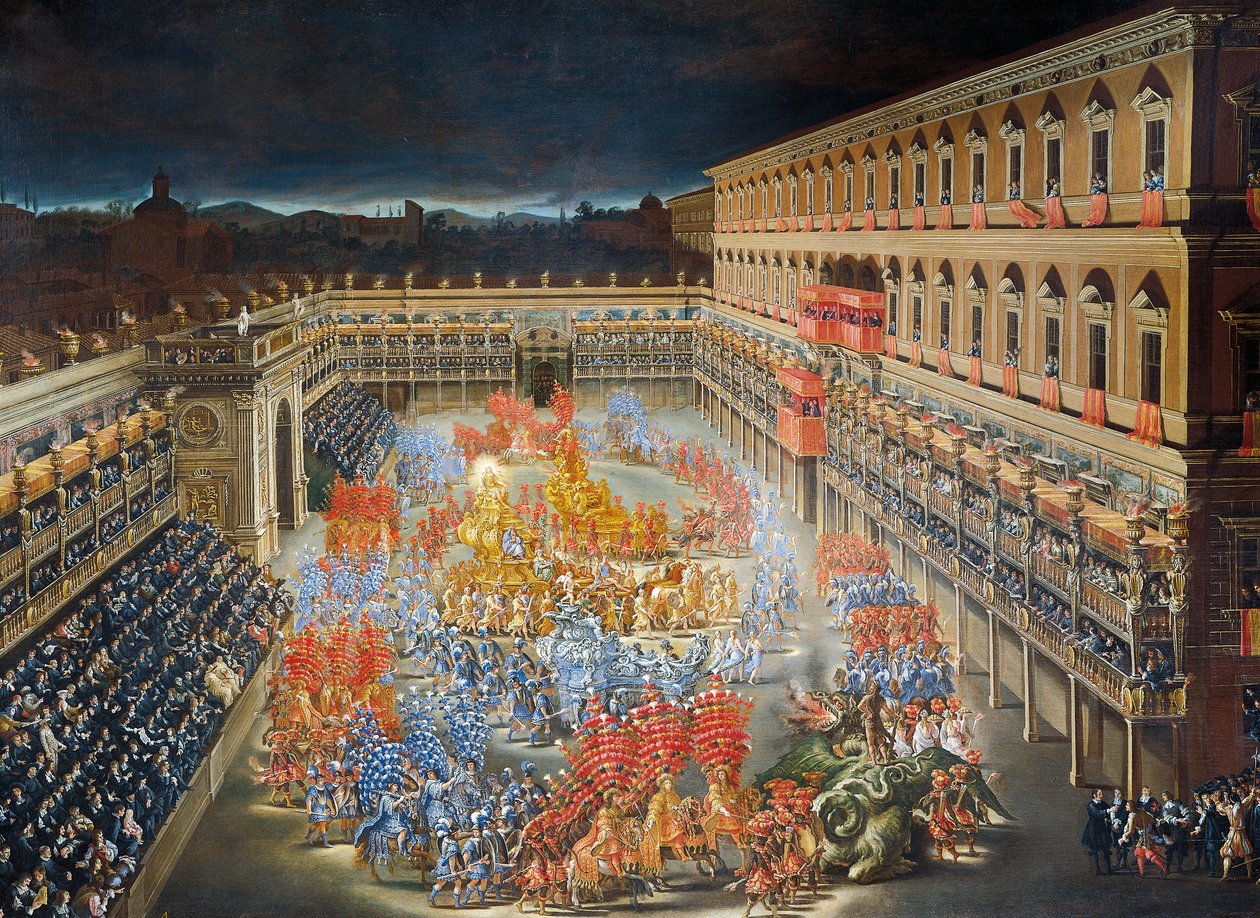Fejringer i Palazzo Barberini til ære for dronning Christine af Sveriges ankomst til Rom i 1656, maleri af Filippo Lauri (1623-1694) og Filippo Gagliardi (1606-1659), Detail af Filippo and Gagliardi Filippo Lauri