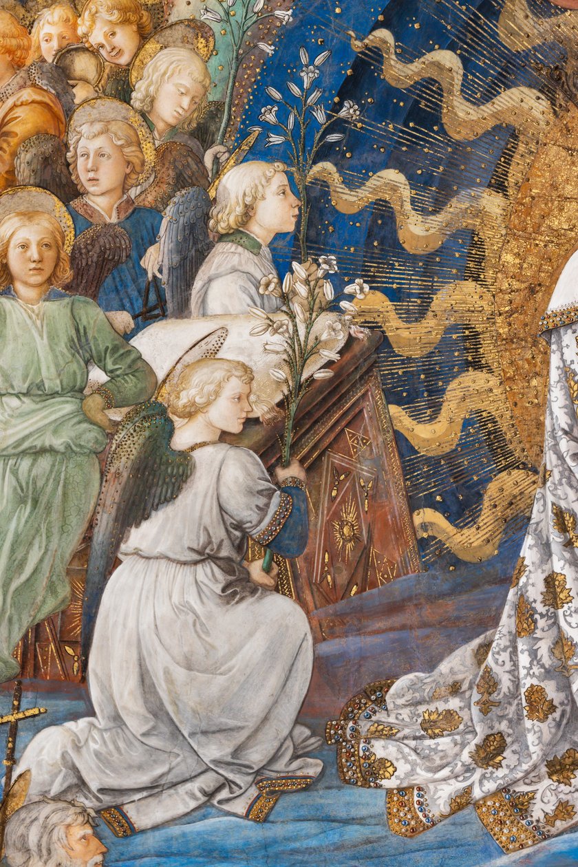 Engle, der holder liljer, blomster, som er symbolet på renhed, detalje ved Marias kroning af Filippo Lippi