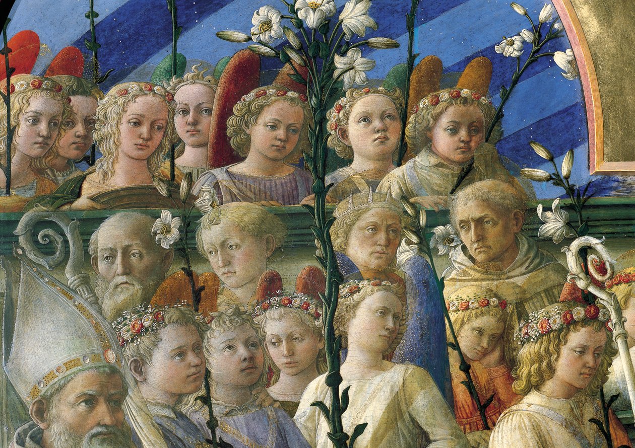 Coronation Maringhi or Coronation of Virgin af Filippo Lippi (ca. 1406-1469), tempera på træ, 200x287 cm, detalje af Filippo Lippi