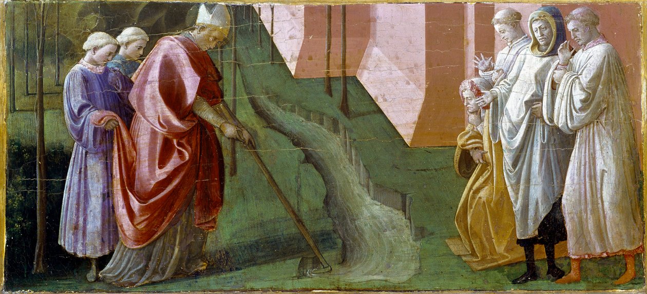 Pala Barbadori: "" Saint Fridian (frigidisk eller frigdisk eller Frediano) biskop af Lucca, stopper ved sine bønner oversvømmelsen af ​​Serchio-floden"" Trempe på træ af Filippo Lippi (ca. 1406-1469) Firenze Galleria degli Uffizi (Kontorer) - Predella fra  af Filippo Lippi