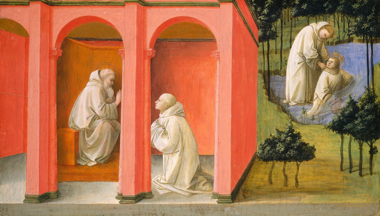 Sankt Benedikt beordrer Sankt Maurus til undsætning af Sankt Placidus, ca. 14451450. af Filippo Lippi
