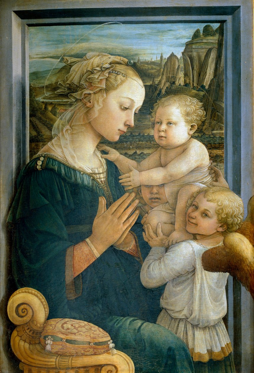 Jomfru og barn og to engle Detrempe på træ af Filippo Lippi (1406-1469) 1465 ca. Svag. 92x63 cm Firenze, Galleria degli Uffizi (Kontorer) af Filippo Lippi