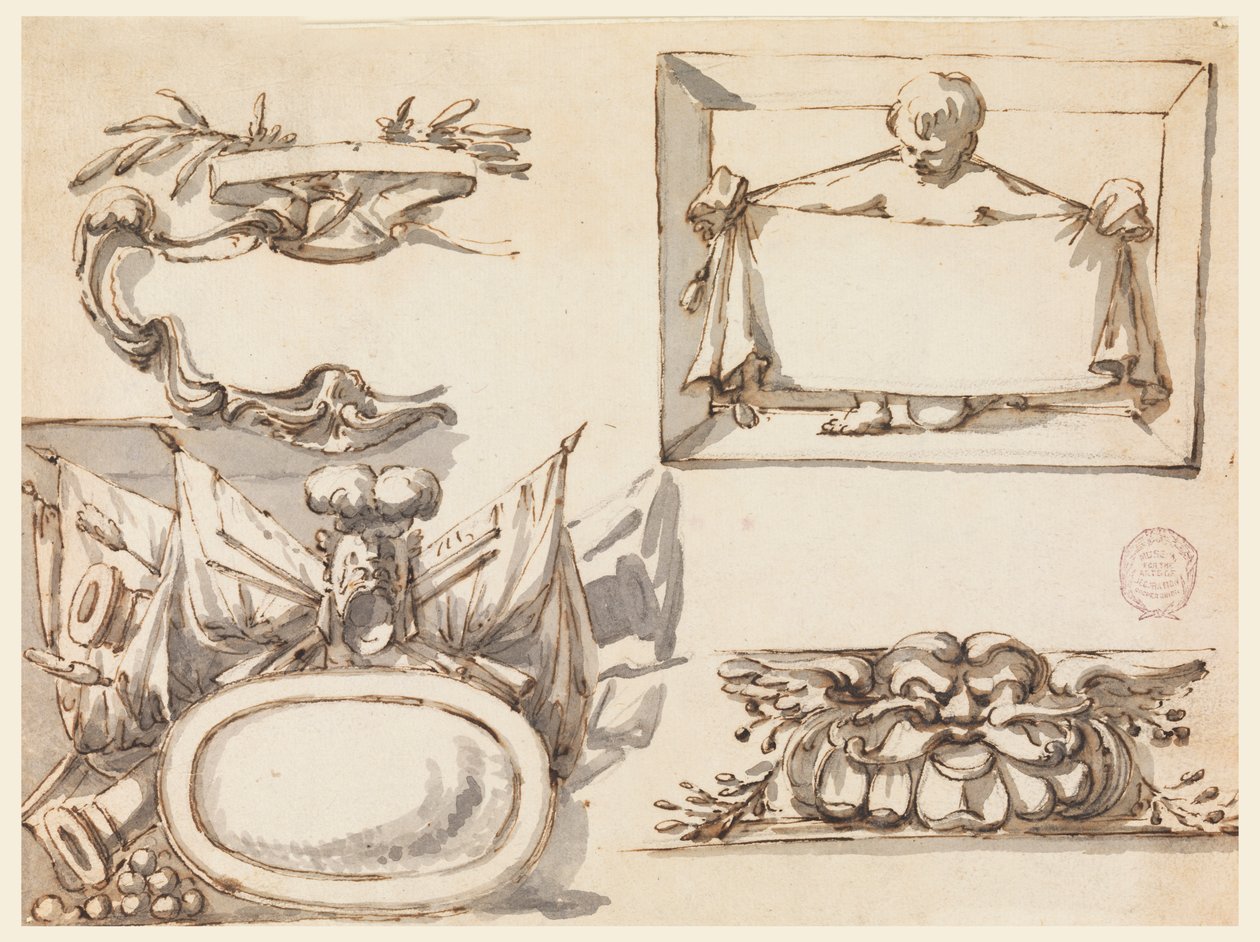 Et våbenskjold, et trofæ, en etiket, et dekorativt motiv til en frise af Filippo Marchionni