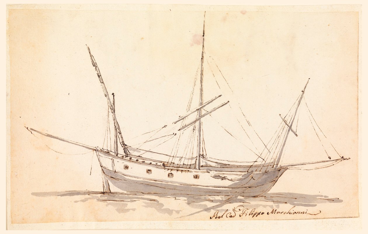 Tegning, Et sejlende skib, ca. 1780 af Filippo Marchionni