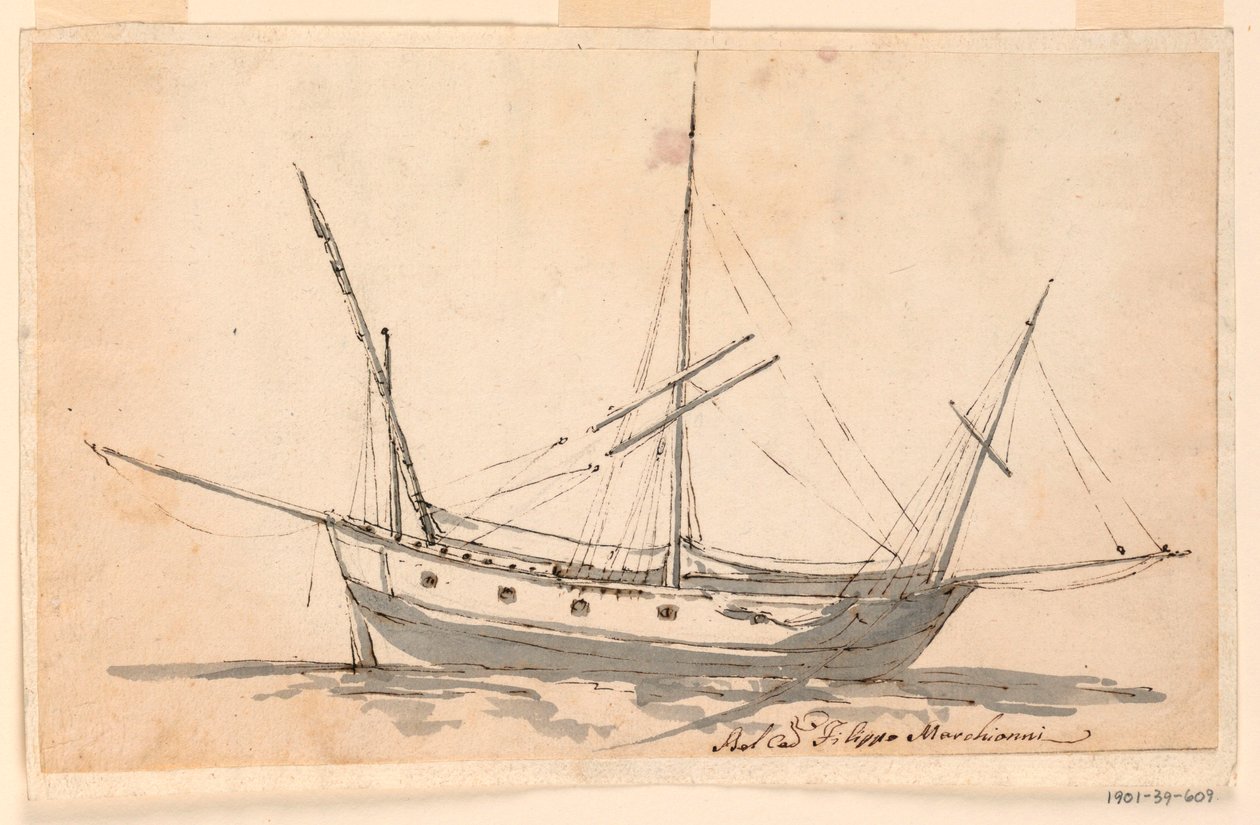 Tegning, Et sejlende skib, ca. 1780 af Filippo Marchionni