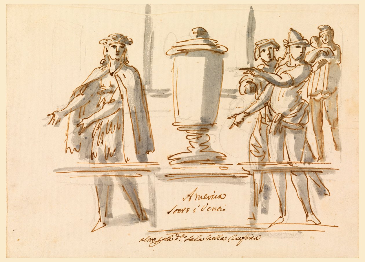 Tegning, Allegori af Amerika, udsmykning til kardinal Falconieris salon i Frascati, 18.-19. århundrede af Filippo Marchionni