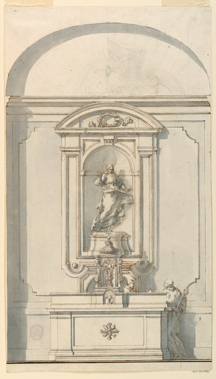 Tegning, Alter med tabernakel og to præster i samtale, 1750-75 af Filippo Marchionni