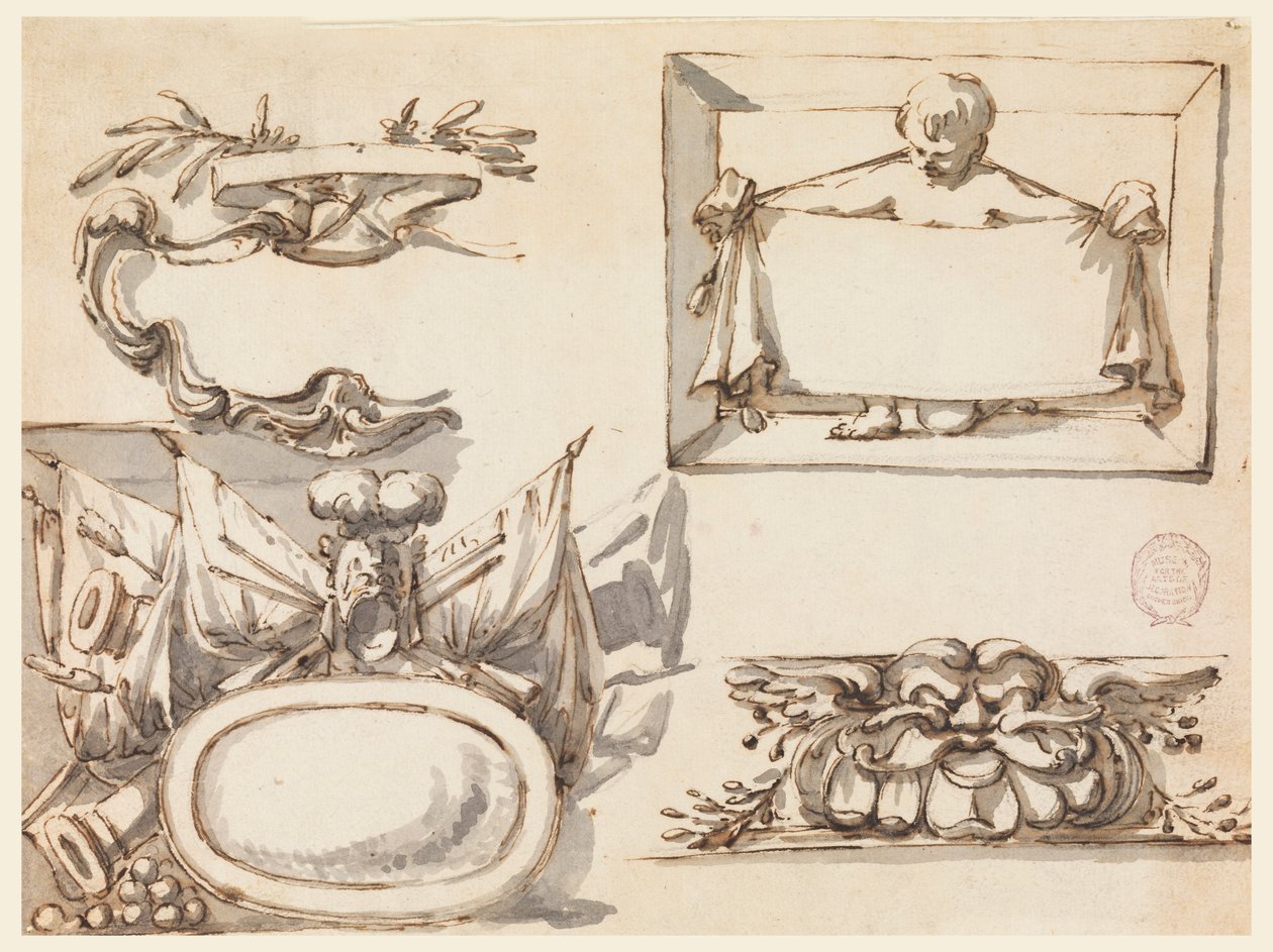 Tegning, Et våbenskjold, et trofæ, en etiket, et dekorativt motiv til en frise, 1750-75 af Filippo Marchionni