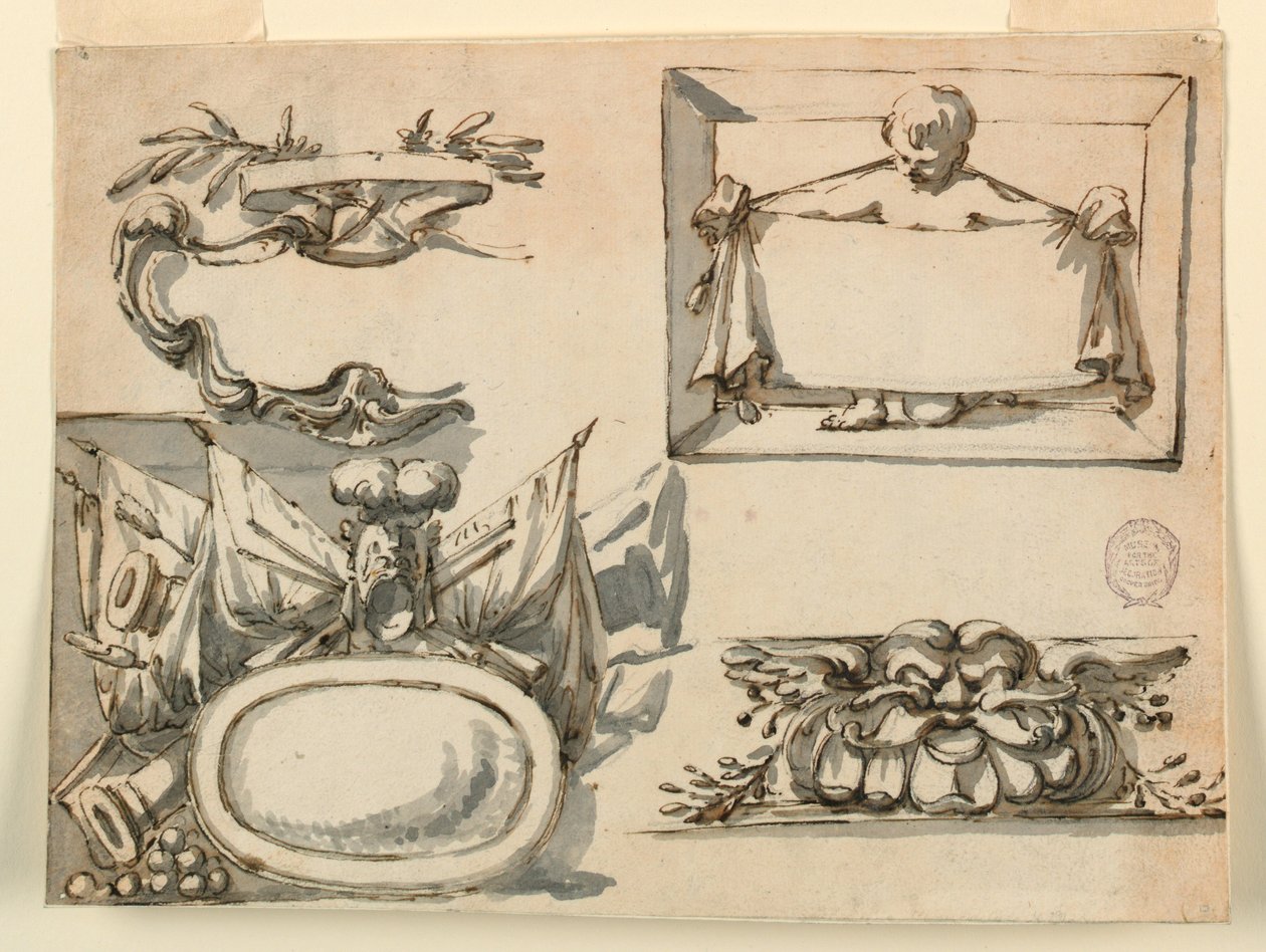 Tegning, Et våbenskjold, et trofæ, en etiket, et dekorativt motiv til en frise, 1750-75 af Filippo Marchionni