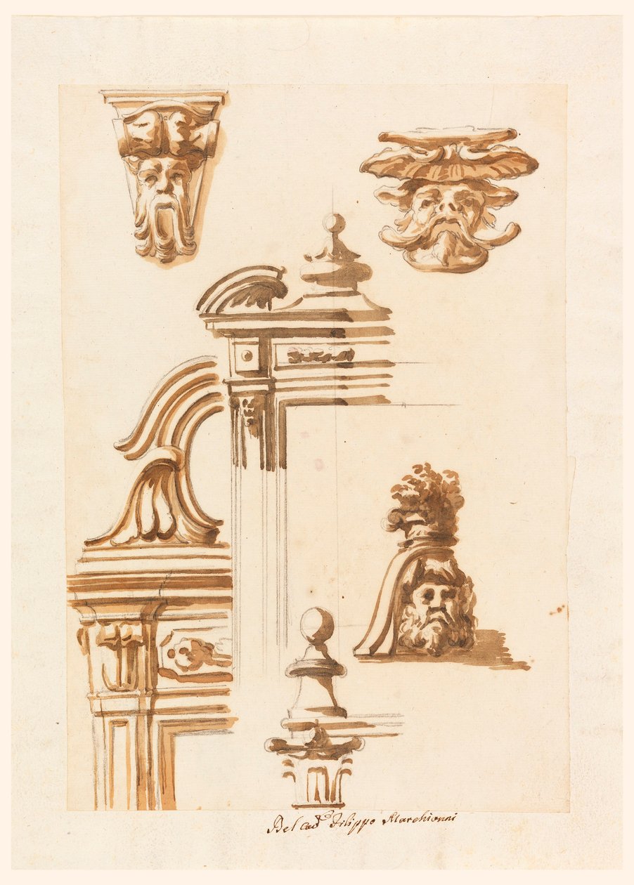 Tegning, arkitektoniske studier, 1750-90 af Filippo Marchionni