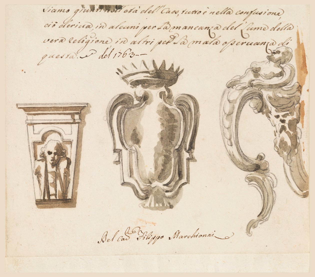 Tegning, Design til en konsol og et våbenskjold, 1763 af Filippo Marchionni