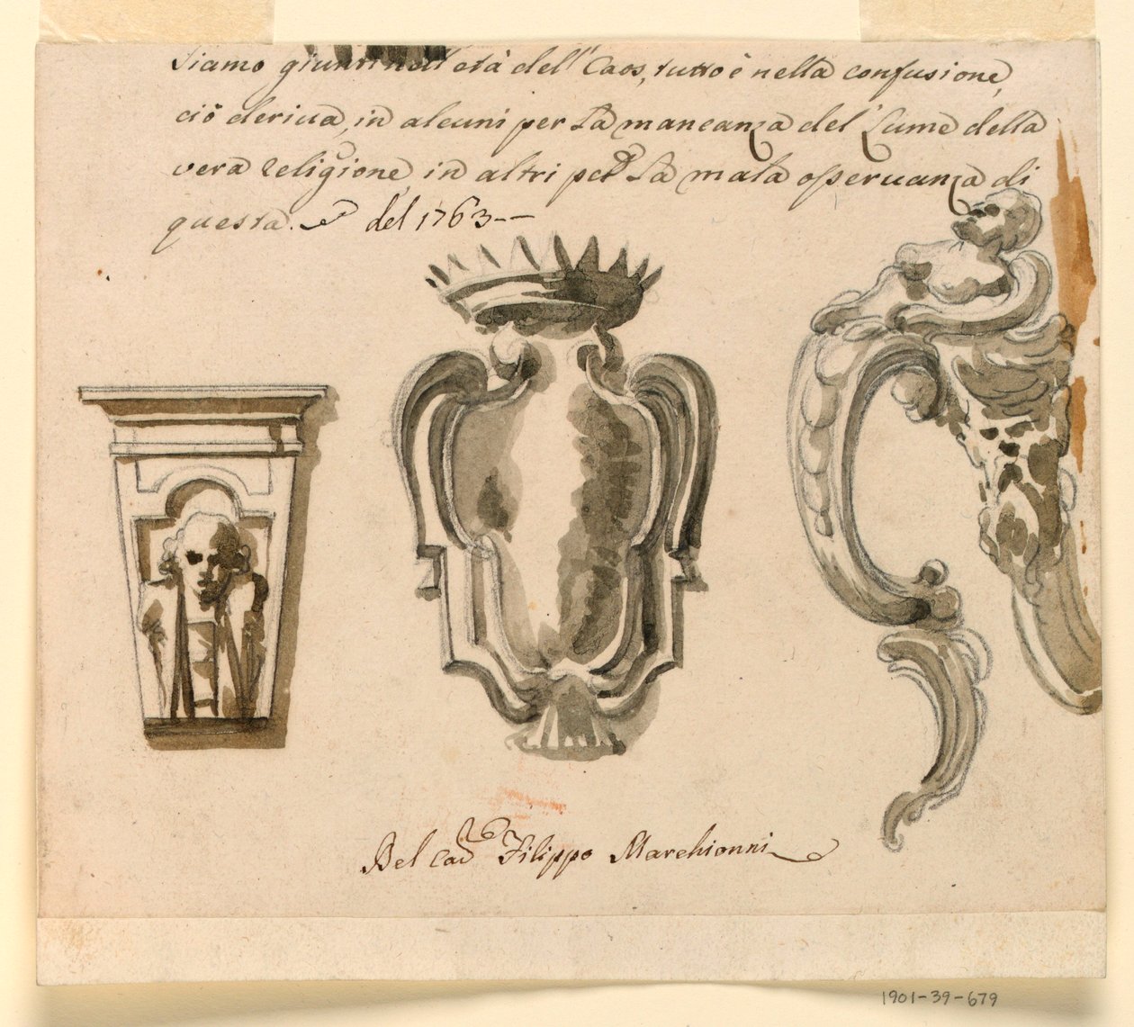Tegning, Design til en konsol og et våbenskjold, 1763 af Filippo Marchionni
